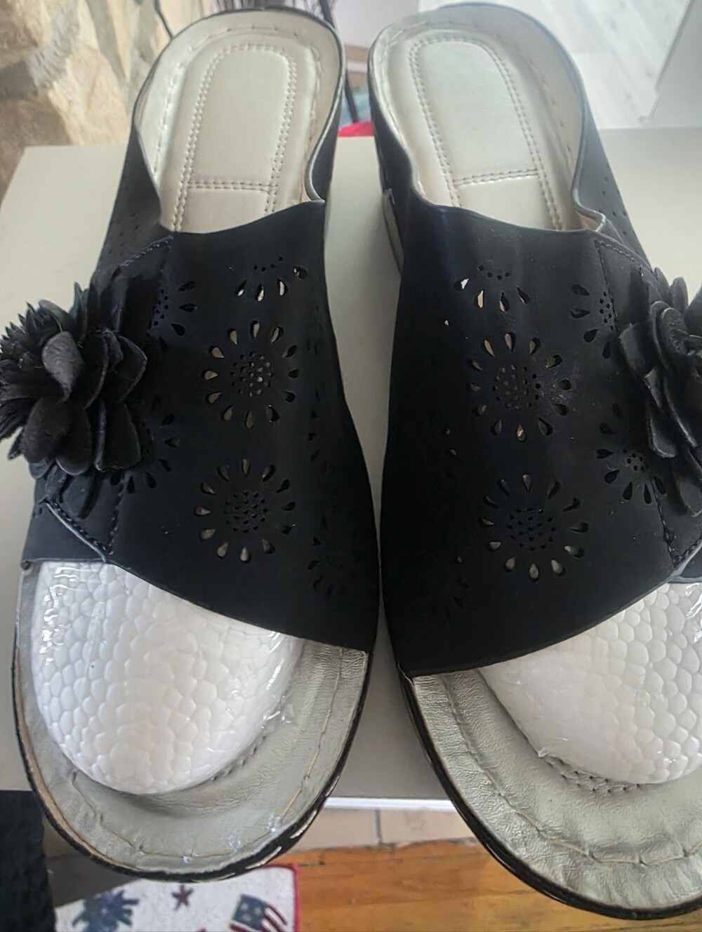 Black Laser-Cut Wedge Slide Sandals with Floral Detail 9
